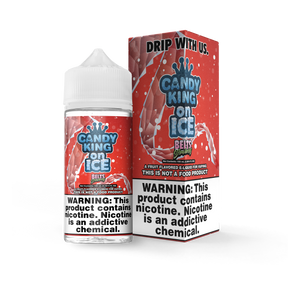 Candy King ON ICE - Strawberry Belts – 100mL e-liquid with strawberry candy, sour sugar, and menthol.