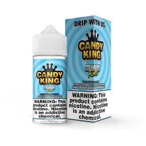 Candy King Strawberry Rolls 100mL e-liquid bottle featuring the sweet and tangy flavor of strawberry fruit rolls.