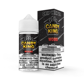 Candy King Worms 100mL e-liquid bottle featuring a sweet-and-sour gummy candy flavor profile with fruity citrus notes.