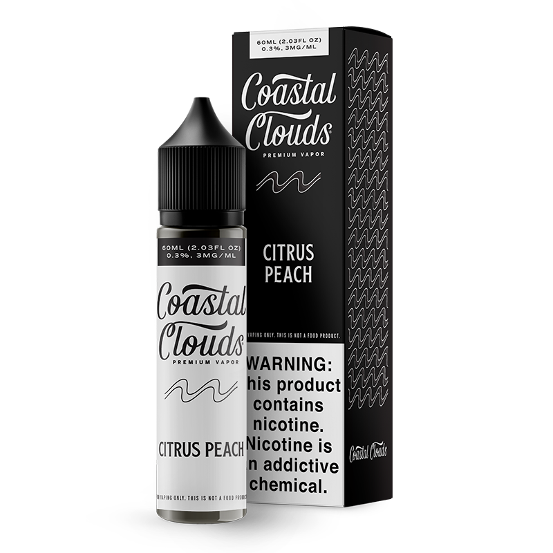 Coastal Clouds Citrus Peach 60mL E-Liquid featuring sweet peaches and tangy citrus with a 70/30 VG/PG ratio for smooth, rich flavor.