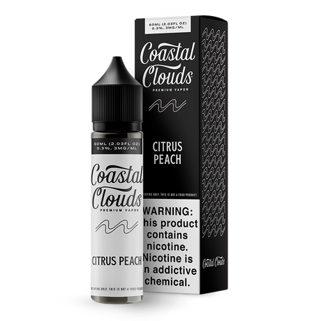 Coastal Clouds Citrus Peach 60mL E-Liquid featuring sweet peaches and tangy citrus with a 70/30 VG/PG ratio for smooth, rich flavor.