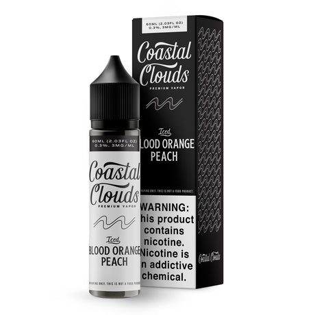Coastal Clouds ICED Blood Orange Peach 60mL E-Liquid Bottle with tropical fruit and menthol flavor design