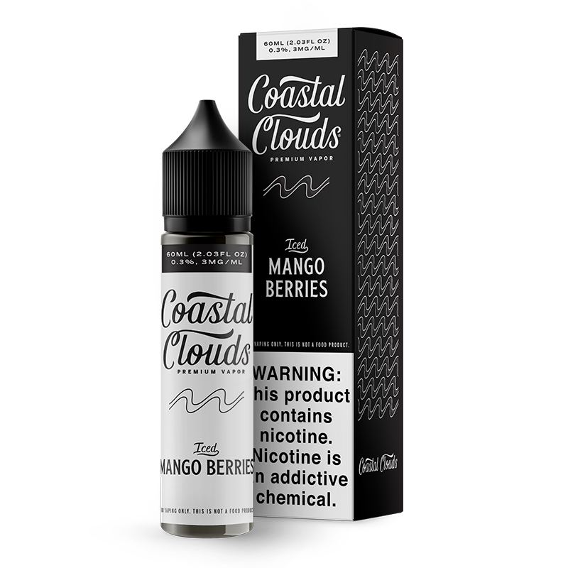 Coastal Clouds Iced Mango Berries 60mL E-Liquid featuring tropical mangos, fresh strawberries, tangy kiwis, and cooling menthol in a 70/30 VG/PG blend.