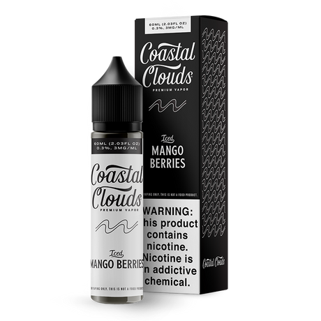 Coastal Clouds Iced Mango Berries 60mL E-Liquid featuring tropical mangos, fresh strawberries, tangy kiwis, and cooling menthol in a 70/30 VG/PG blend.