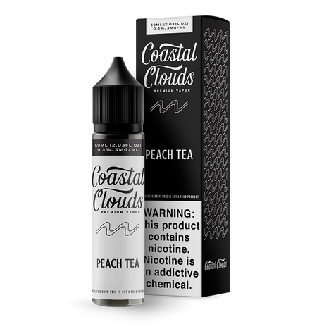 Coastal Clouds Peach Tea 60mL E-Liquid featuring smooth peach nectar and refreshing iced tea in a 70/30 VG/PG blend.