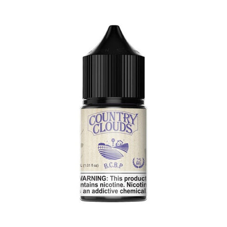Country Clouds SALT Blueberry Cornbread Pudding E-Liquid featuring blueberries, cornbread pudding, and maple syrup in a 30mL bottle.