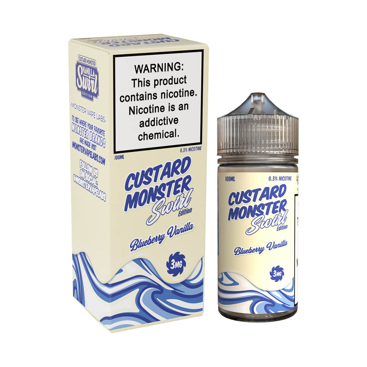 Custard Monster Swirl Edition Blueberry Vanilla E-Liquid featuring blueberries and vanilla custard in a 100mL bottle.