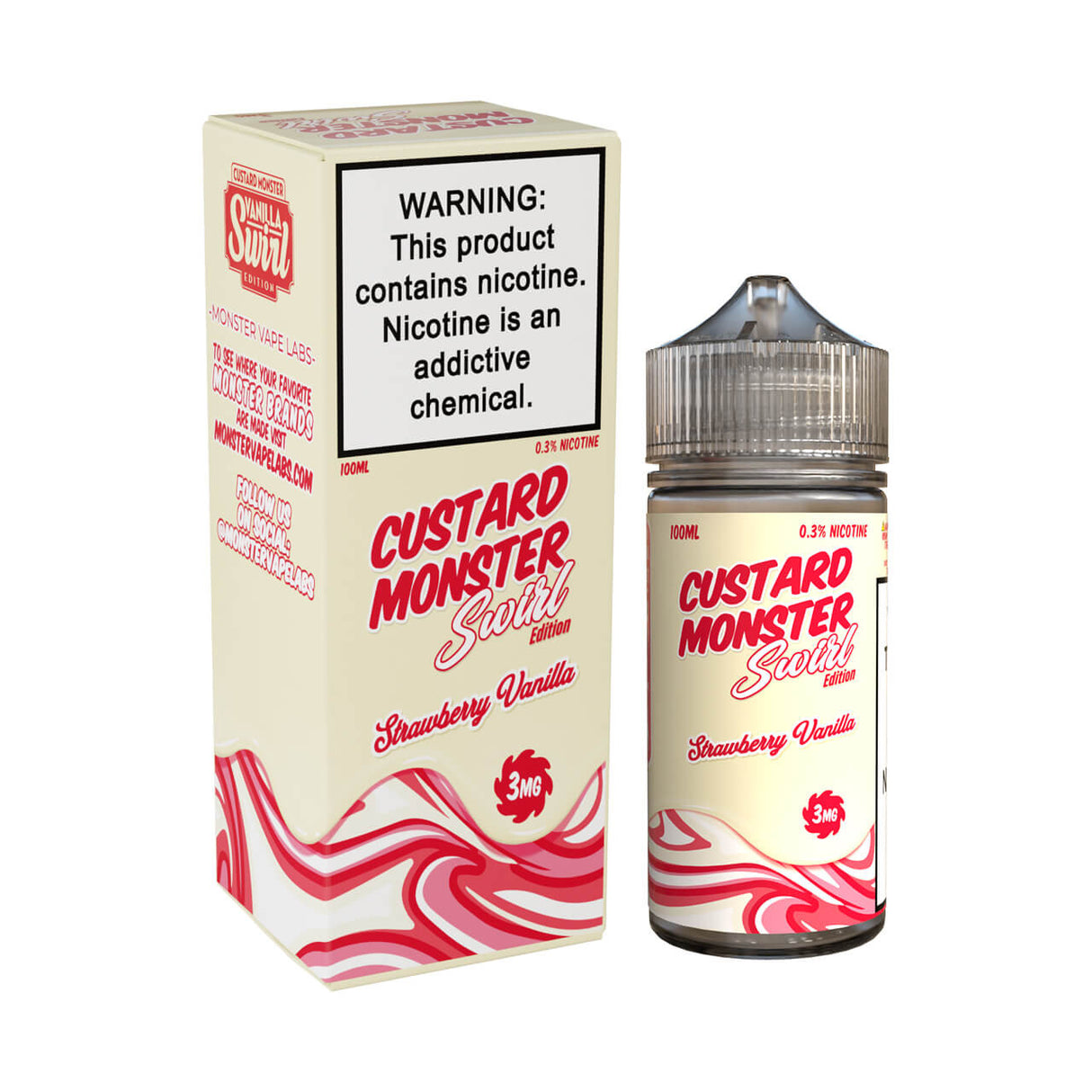 Custard Monster Swirl Edition Strawberry Vanilla E-Liquid featuring strawberries and vanilla custard in a 100mL bottle.