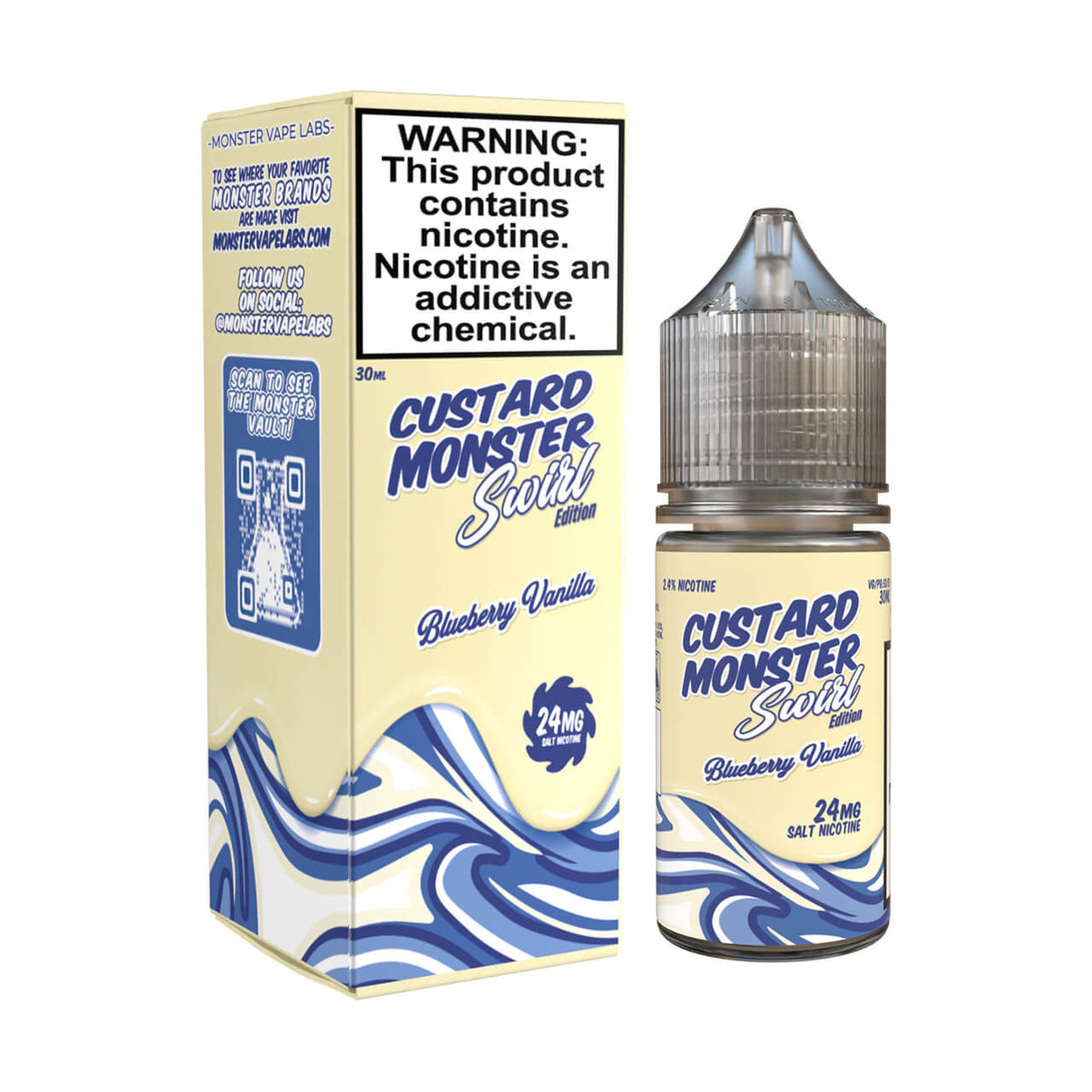 Custard Monster Swirl Edition Blueberry Vanilla Nicotine Salt E-Liquid featuring blueberries and vanilla custard in a 30mL bottle.