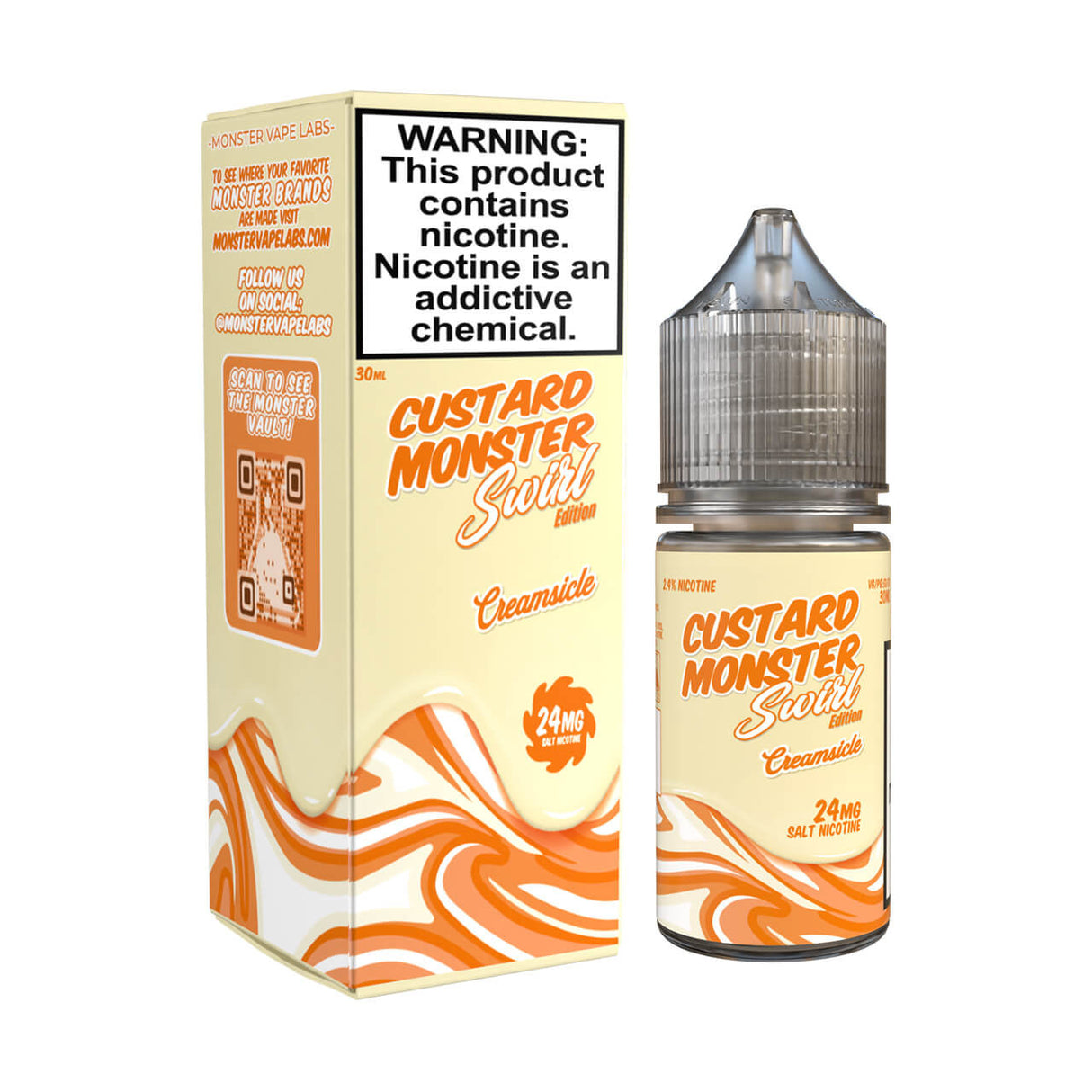 Custard Monster Swirl Edition Creamsicle Nicotine Salt E-Liquid featuring creamy vanilla and tangy orange flavors in a 30mL bottle.