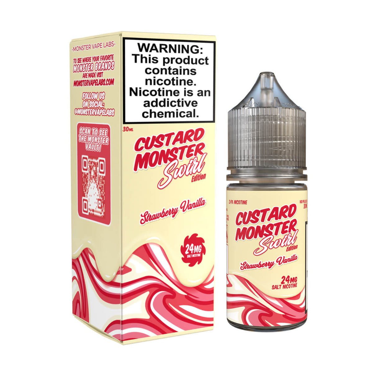 Savor the sweet and creamy taste of Custard Monster Swirl Edition Strawberry Vanilla Nicotine Salt – 30mL of strawberries and smooth vanilla custard.