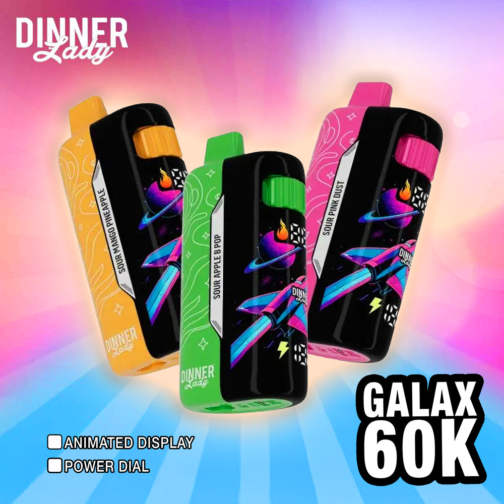 Dinner Lady Galax 60K Disposable with adjustable power dial, animated display, and 60,000 puff capacity – available in multiple flavor options