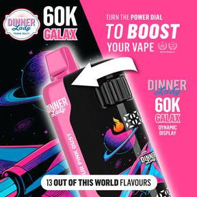 Dinner Lady Galax 60K Disposable with adjustable power dial, animated display, and 60,000 puff capacity – available in multiple flavor options