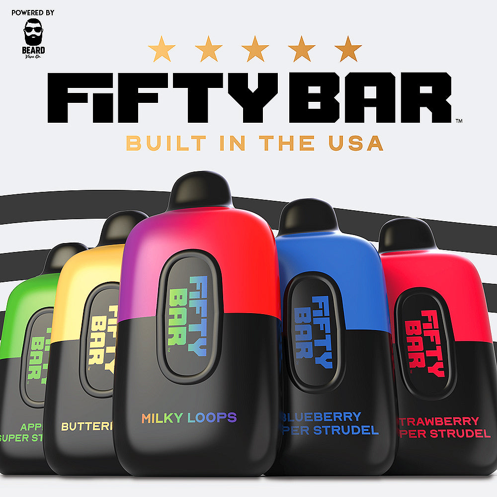 FIFTY BAR Black Series Disposable – 20,000 puff device with BEARD VAPE Co. flavors.