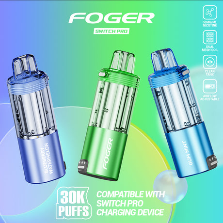 Three FOGER Switch Pro 30K Disposable Device PODs in blue, green, and purple colors, with a graphic indicating the device's capability of providing up to 30,000 puffs and the absence of a charging device.