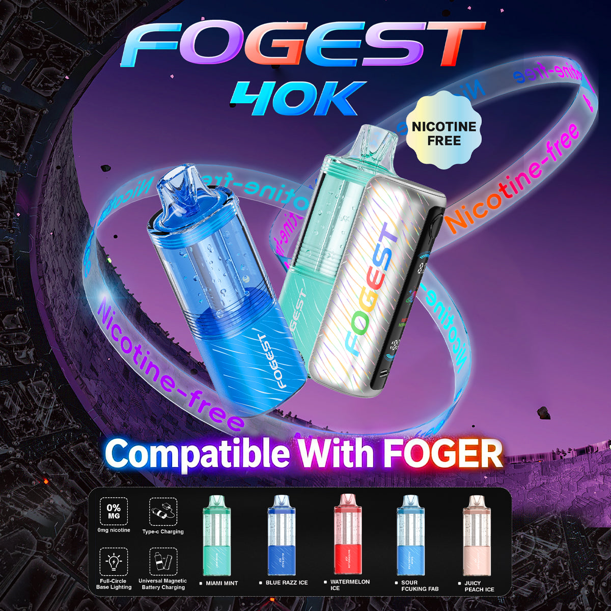 FOGEST XP40K ZERO NICOTINE Disposable Device Pod with 40,000 puff capacity, dual mesh coil, and rechargeable battery.