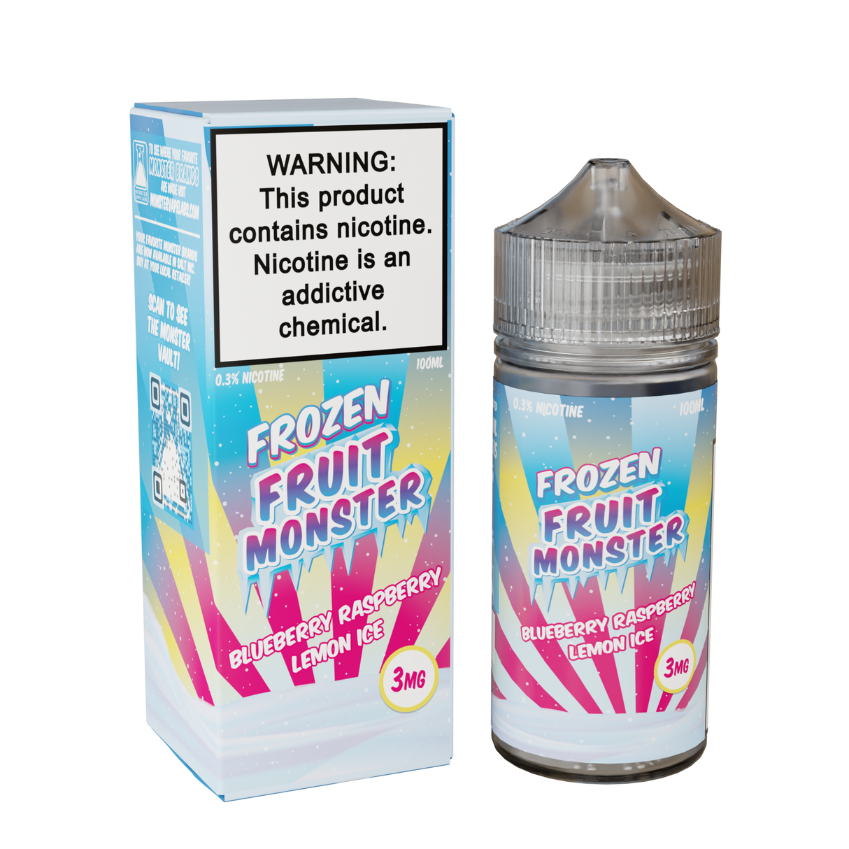 Frozen Fruit Monster Blueberry Raspberry Lemon Ice 100mL e-liquid bottle featuring blueberries, raspberries, lemons, and menthol fusion.
