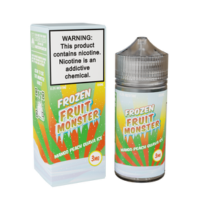 Frozen Fruit Monster Mango Peach Guava Ice 100mL e-liquid bottle featuring mango, peach, guava, and menthol fusion.