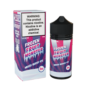 Frozen Fruit Monster Mixed Berry Ice 100mL e-liquid bottle featuring strawberries, blueberries, blackberries, and menthol fusion.