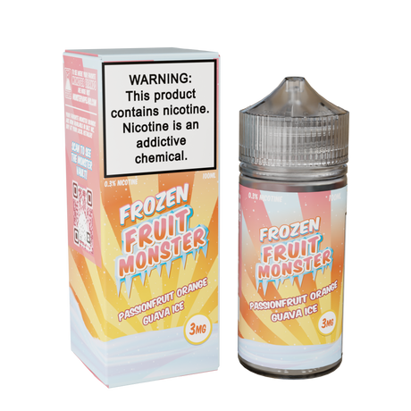 Frozen Fruit Monster Passionfruit Orange Guava Ice 100mL e-liquid bottle featuring passionfruit, orange, guava, and menthol fusion.