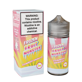 Frozen Fruit Monster Strawberry Banana Ice 100mL e-liquid bottle featuring strawberry, banana, and menthol fusion.