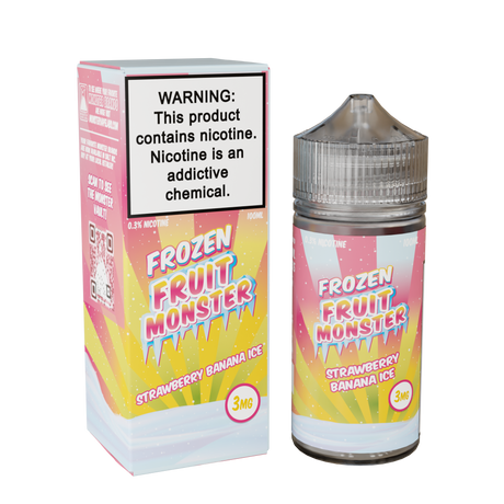 Frozen Fruit Monster Strawberry Banana Ice 100mL e-liquid bottle featuring strawberry, banana, and menthol fusion.