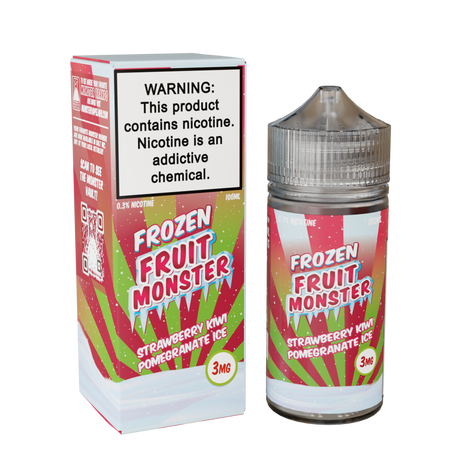 Frozen Fruit Monster Strawberry Kiwi Pomegranate Ice 100mL e-liquid bottle featuring strawberry, kiwi, pomegranate, and menthol fusion.