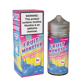 Fruit Monster Blueberry Raspberry Lemon E-Liquid featuring blueberries, raspberries, and lemon in a 100mL unicorn bottle.