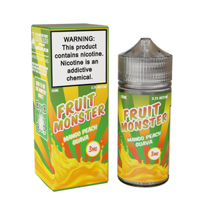 Fruit Monster Mango Peach Guava E-Liquid featuring mango, peach, and guava flavors in a 100mL unicorn bottle.