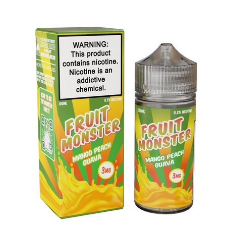 Fruit Monster Mango Peach Guava E-Liquid featuring mango, peach, and guava flavors in a 100mL unicorn bottle.