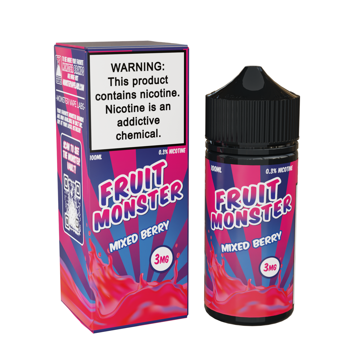 Fruit Monster Mixed Berry E-Liquid featuring strawberries, raspberries, blackberries, and blueberries in a 100mL unicorn bottle.