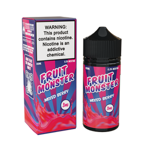 Fruit Monster Mixed Berry E-Liquid featuring strawberries, raspberries, blackberries, and blueberries in a 100mL unicorn bottle.