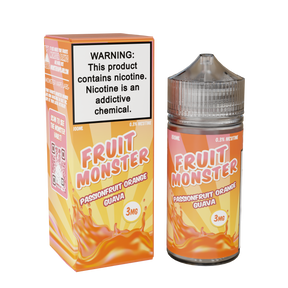 Fruit Monster Passionfruit Orange Guava E-Liquid featuring passionfruit, orange, and guava in a 100mL unicorn bottle.