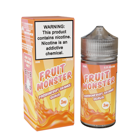 Fruit Monster Passionfruit Orange Guava E-Liquid featuring passionfruit, orange, and guava in a 100mL unicorn bottle.