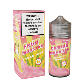 Fruit Monster Strawberry Banana E-Liquid featuring strawberries and bananas in a 100mL unicorn bottle.