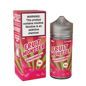 Fruit Monster Strawberry Kiwi Pomegranate E-Liquid featuring strawberries, kiwi, and pomegranate in a 100mL unicorn bottle.