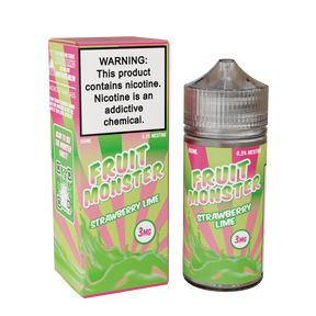 Fruit Monster Strawberry Lime E-Liquid featuring ripe strawberries and zesty lime in a 100mL unicorn bottle.