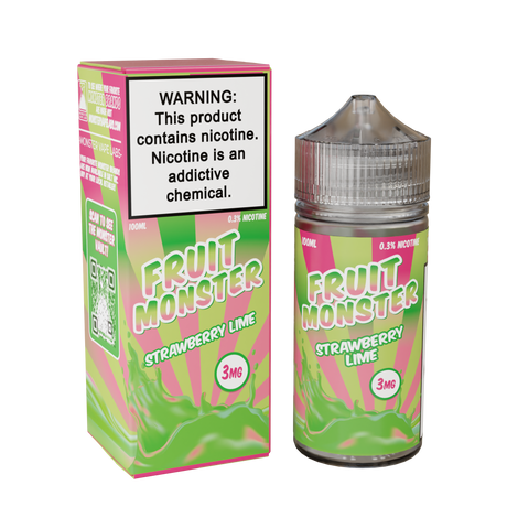Fruit Monster Strawberry Lime E-Liquid featuring ripe strawberries and zesty lime in a 100mL unicorn bottle.