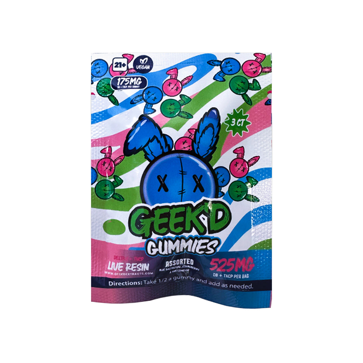Geek'd D8 + THCP Live Resin Gummies, 525mg, assorted flavors: Blue Raspberry, Strawberry, Watermelon.