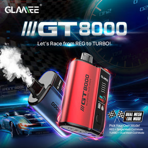 Glamee GT8000 Disposable Device – 8000 puffs, dual mesh coils, 16mL prefilled capacity, and Type-C charging.