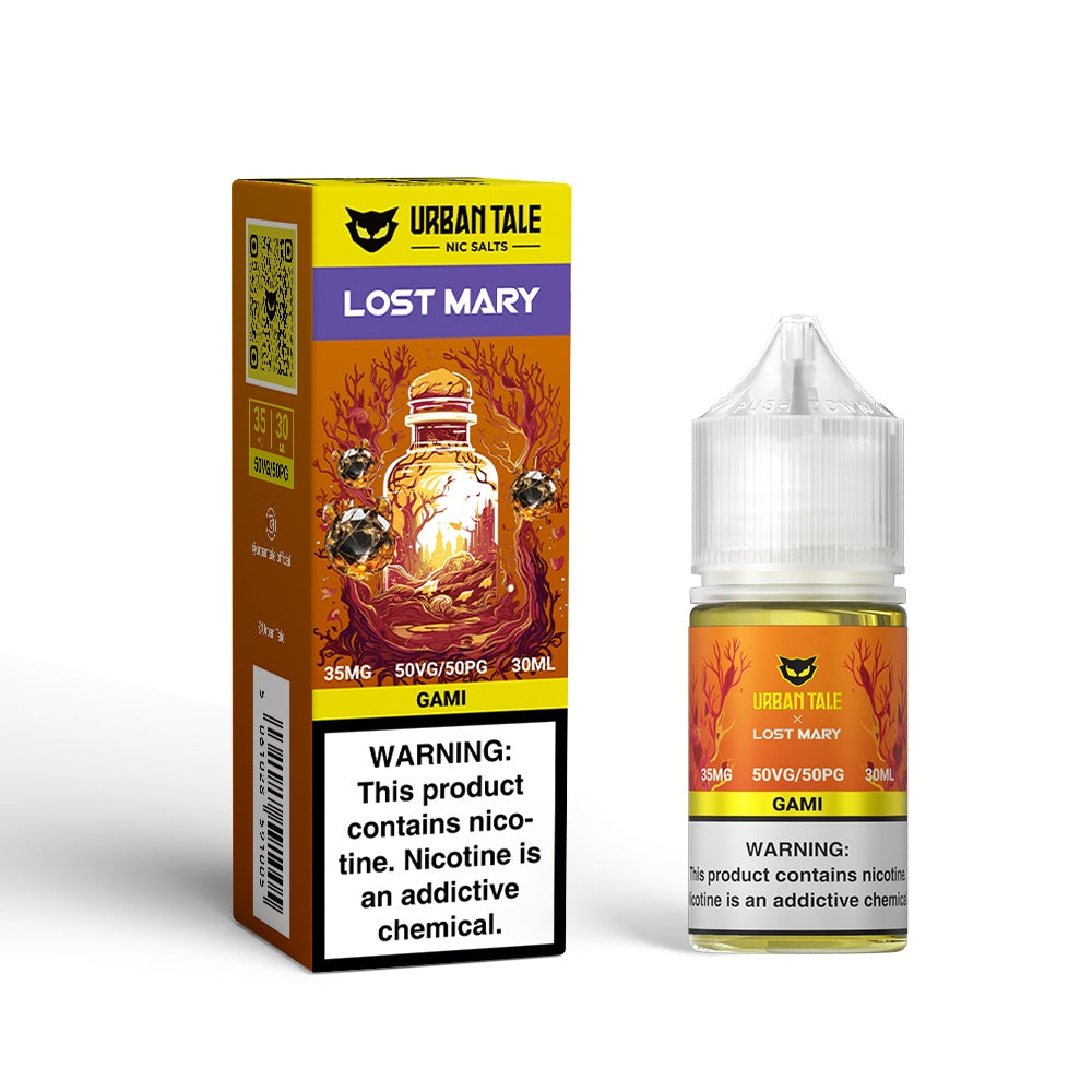 Urban Tale x Lost Mary Gami Nic Salts 30ML Bottle featuring sour gummy candy flavor with a tangy twist.