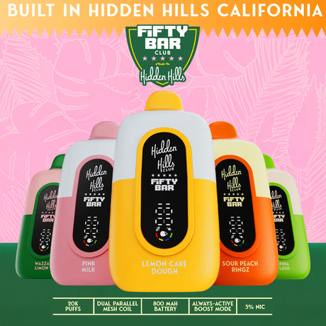 Hidden Hills x FIFTY BAR 20K – 20,000 puff disposable with digital display and 900mAh battery