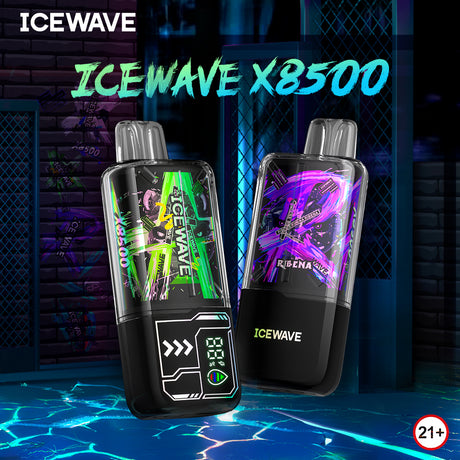 ICEWAVE X8500 disposable device with 8500 puffs, large screen, and Type-C charging port.