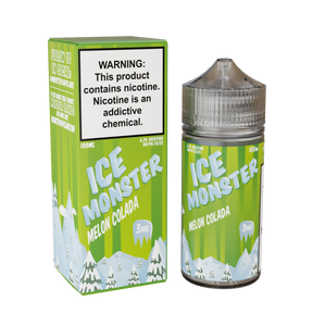 Ice Monster Melon Colada E-Liquid featuring tropical fruits, crisp melons, and menthol in a 100mL unicorn bottle.