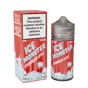 Ice Monster Strawmelon Apple E-Liquid featuring strawberry, apple, and watermelon flavors in a 100mL unicorn bottle.