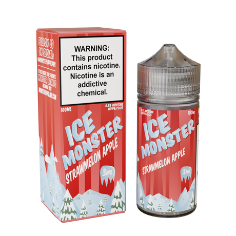 Ice Monster Strawmelon Apple E-Liquid featuring strawberry, apple, and watermelon flavors in a 100mL unicorn bottle.