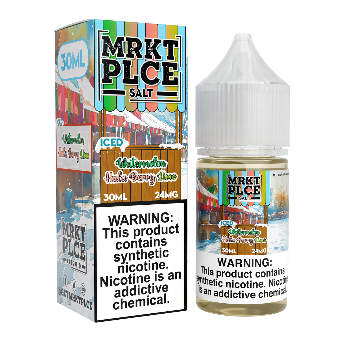 MRKT PLCE ICED Watermelon Hula Berry Lime Nic Salt 30ml bottle with icy watermelon, hula berry, lime, and menthol flavors