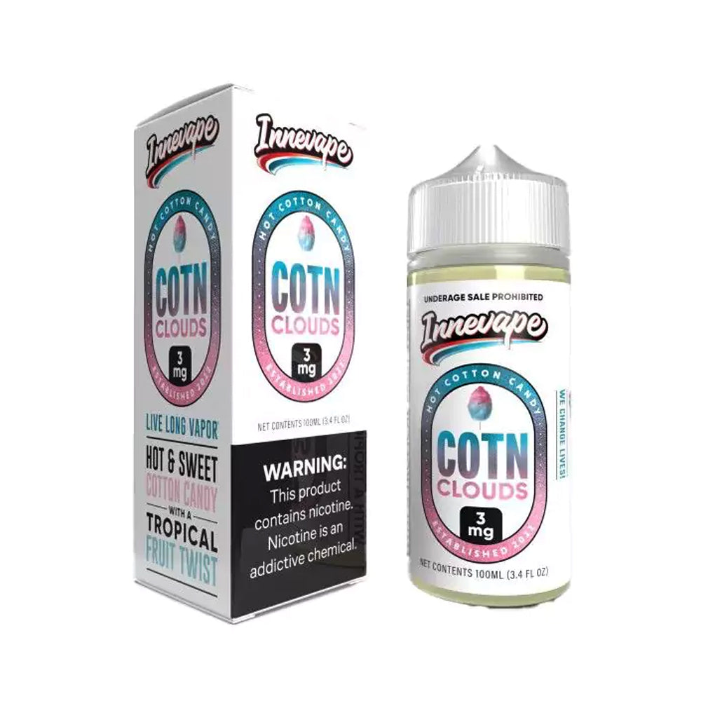 COTN Clouds by Innevape E-Liquids 100ML bottle featuring sweet fruit juice and cotton candy flavor with a 70/30 VG/PG ratio, available in 0MG, 3MG, and 6MG nicotine strengths.