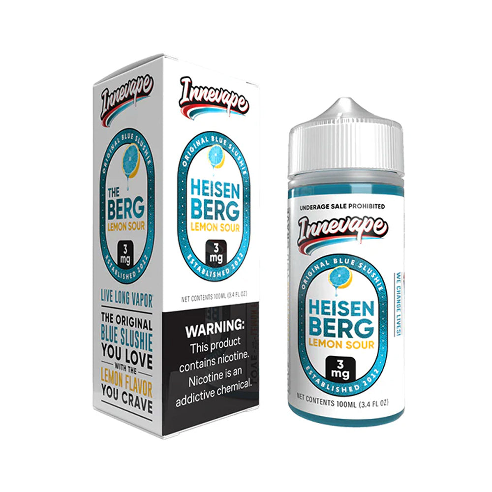 Innevape Heisenberg Lemon Sour – 100mL e-liquid featuring icy blue raspberry slushie with a zesty lemon burst for a sweet and tart vape.