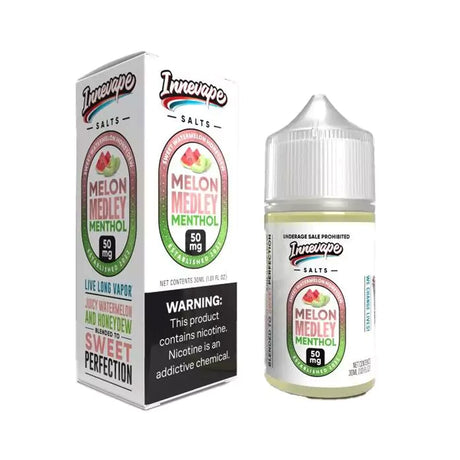 Melon Medley Menthol Salts by Innevape E-Liquids 30ML bottle featuring watermelon, honeydew, and menthol flavors in a nicotine salt formulation, available in 24MG and 50MG strengths.